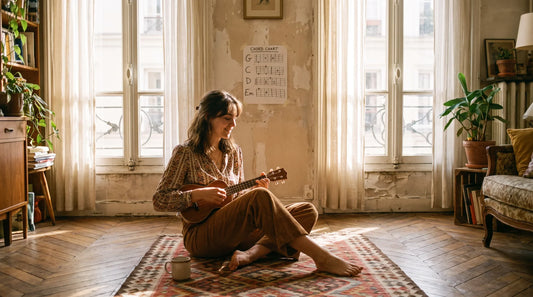 Femme assise sur kilim parisien, ukulélé soprano sur le genou, diagramme d’accord au mur