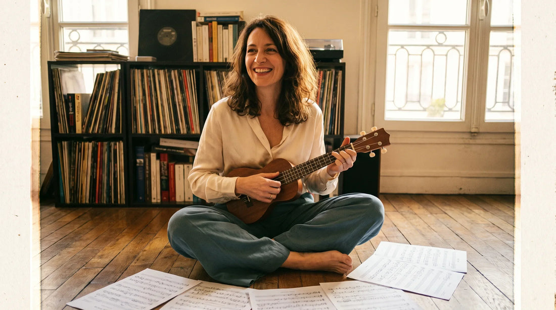 Femme jouant de la musique ukulélé chez elle, partitions autour d'elle, lumière chaude