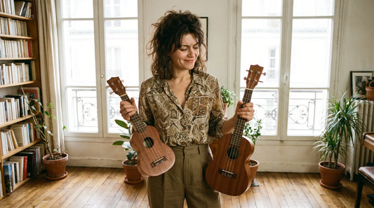 Femme comparant deux ukulélés soprano et concert pour choisir son premier instrument