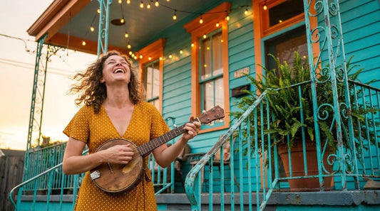 Femme en robe vintage moutarde riant en jouant un banjolele sur un perron coloré de style Nouvelle-Orléans, lumières de fête au-dessus, lumière dorée de fin de journée