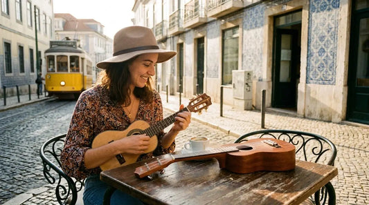 Femme tenant un cavaquinho portugais à une terrasse de Lisbonne, ukulélé soprano posé à côté pour comparaison, carreaux azulejos en arrière-plan