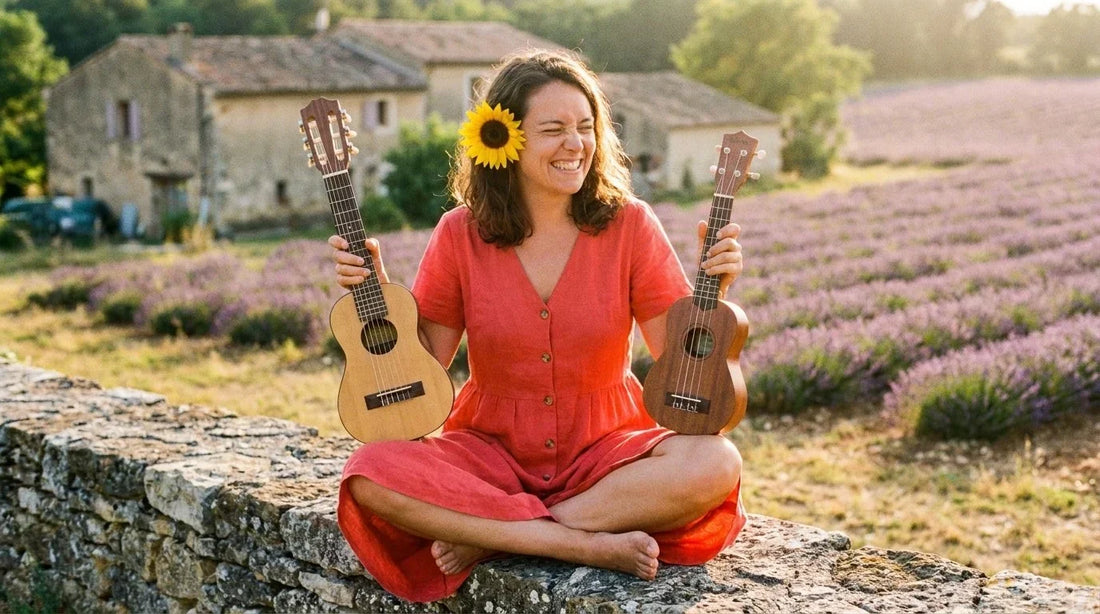 Femme souriante en robe corail assise sur un mur provençal, tenant un guitalele et un ukulélé soprano, champs de lavande derrière elle, guide guitalele vs ukulélé
