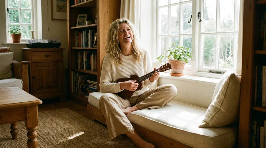 Femme adulte souriante qui joue du ukulélé soprano pour la première fois, lumière naturelle, ambiance chaleureuse