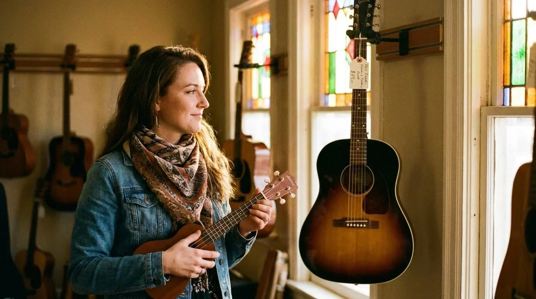 Femme adulte dans une boutique de musique, tenant un ukulélé soprano et regardant une guitare murale, hésitant entre les deux instruments pour débuter