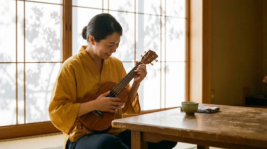 Femme en blouse jaune safran tenant un ukulélé soprano en bois naturel dans une pièce lumineuse de style japonais, fleurs de cerisier en arrière-plan, guide ukulélé Kiwaya