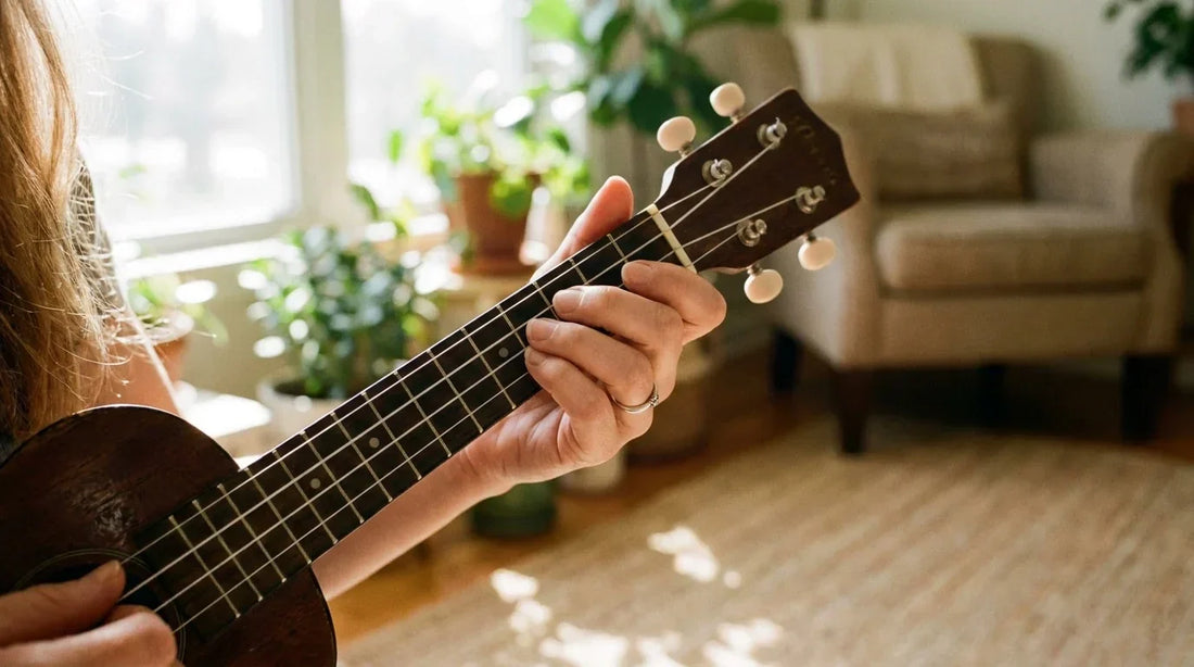 Mains féminines posant les doigts sur les cordes d'un ukulélé soprano pour jouer un accord, lumière naturelle chaude