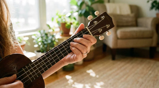 Mains féminines posant les doigts sur les cordes d'un ukulélé soprano pour jouer un accord, lumière naturelle chaude