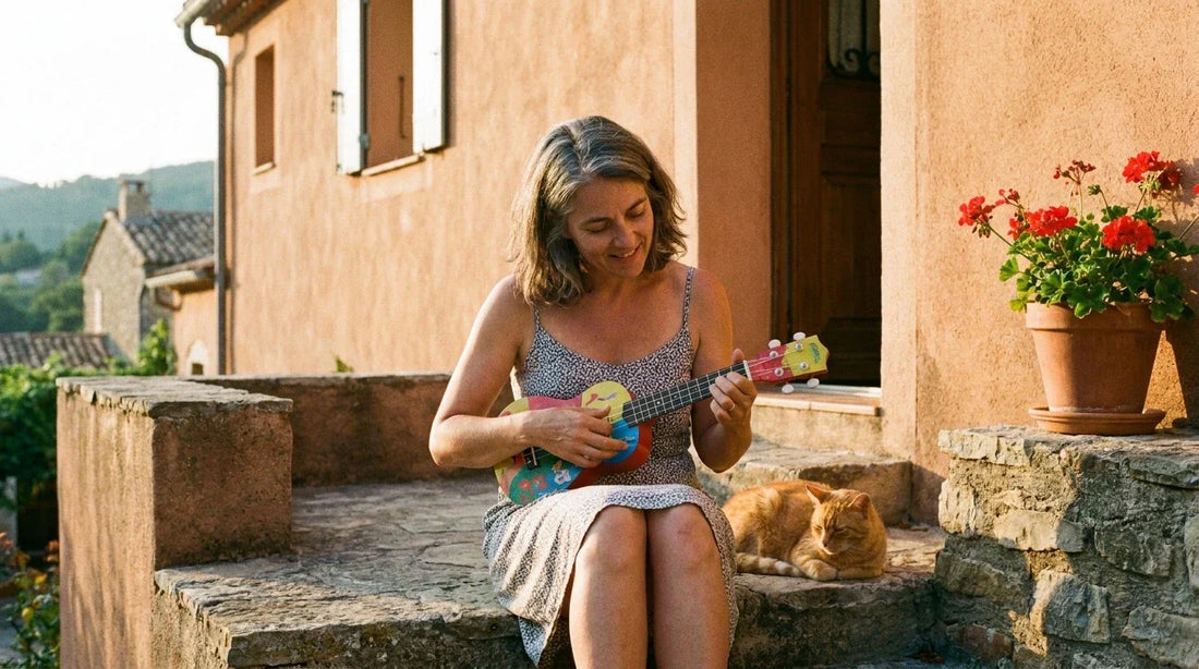 Femme jouant du ukulélé soprano assise sur des marches ensoleillées devant une maison de village française, ambiance méditerranéenne