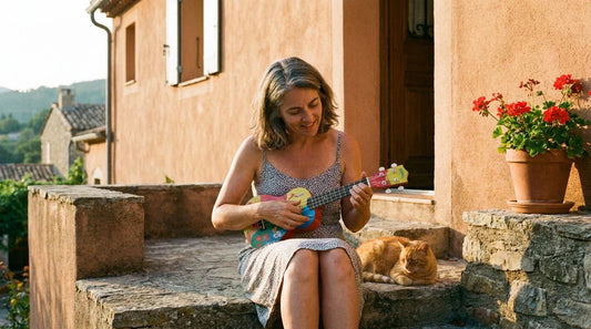 Femme jouant du ukulélé soprano assise sur des marches ensoleillées devant une maison de village française, ambiance méditerranéenne