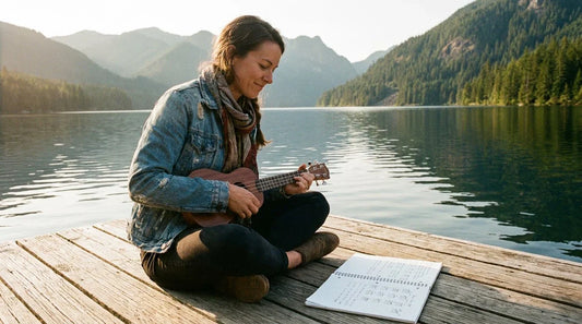 Femme adulte apprenant seule le ukulélé soprano, tablature posée sur ses genoux, concentration totale, lumière naturelle