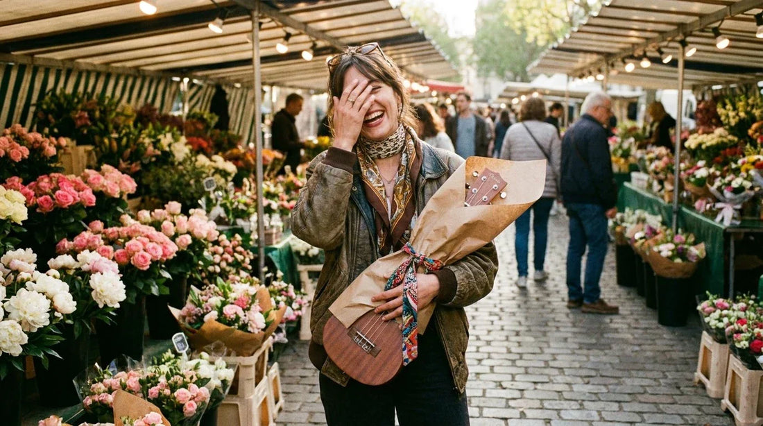Ukulélé soprano emballé comme cadeau avec un ruban, posé sur une table en bois, ambiance chaleureuse et festive