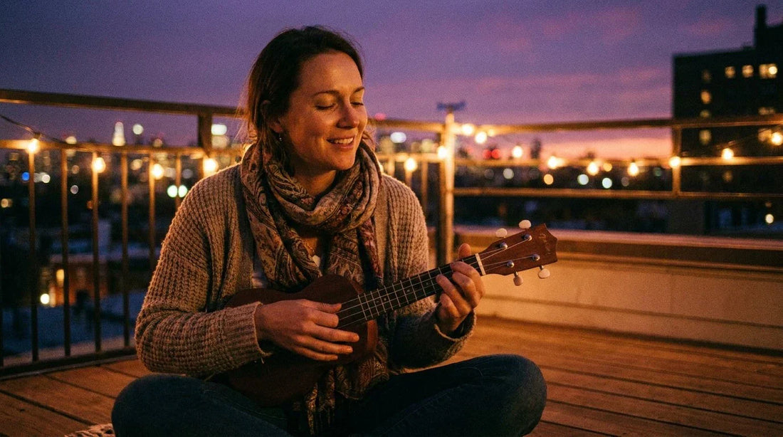Femme jouant une chanson au ukulélé soprano dans un salon ensoleillé, partition posée devant elle, sourire de satisfaction