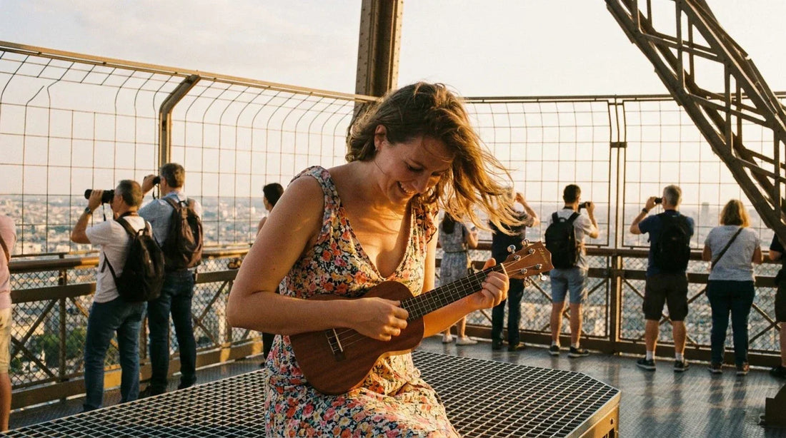 Femme adulte apprenant à jouer du ukulélé soprano, mains sur le manche, concentration et sourire, lumière naturelle