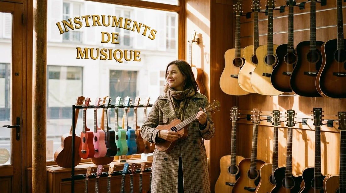 Femme adulte assise face à plusieurs instruments — ukulélé, guitare, piano — hésitant lequel prendre, regard souriant et détendu