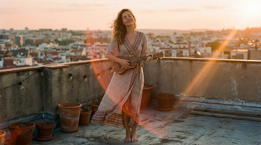 Femme jouant du ukulélé soprano avec fluidité et plaisir, yeux fermés, complètement absorbée dans la musique, lumière dorée