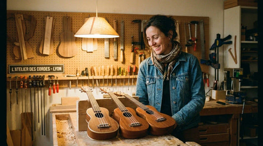 Plusieurs ukulélés sopranos alignés sur une étagère en bois, lumière naturelle dorée, ambiance atelier de lutherie