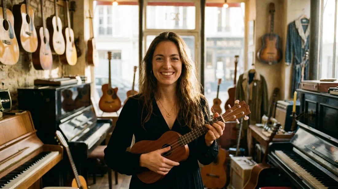 Femme adulte tenant un ukulélé soprano dans une boutique de musique, sourire confiant, choix d'instrument pour débutant
