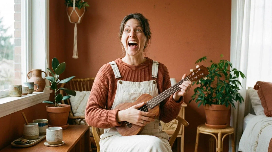 Femme souriante tenant un ukulélé soprano avec légèreté, lumière dorée, ambiance joyeuse et chaleureuse