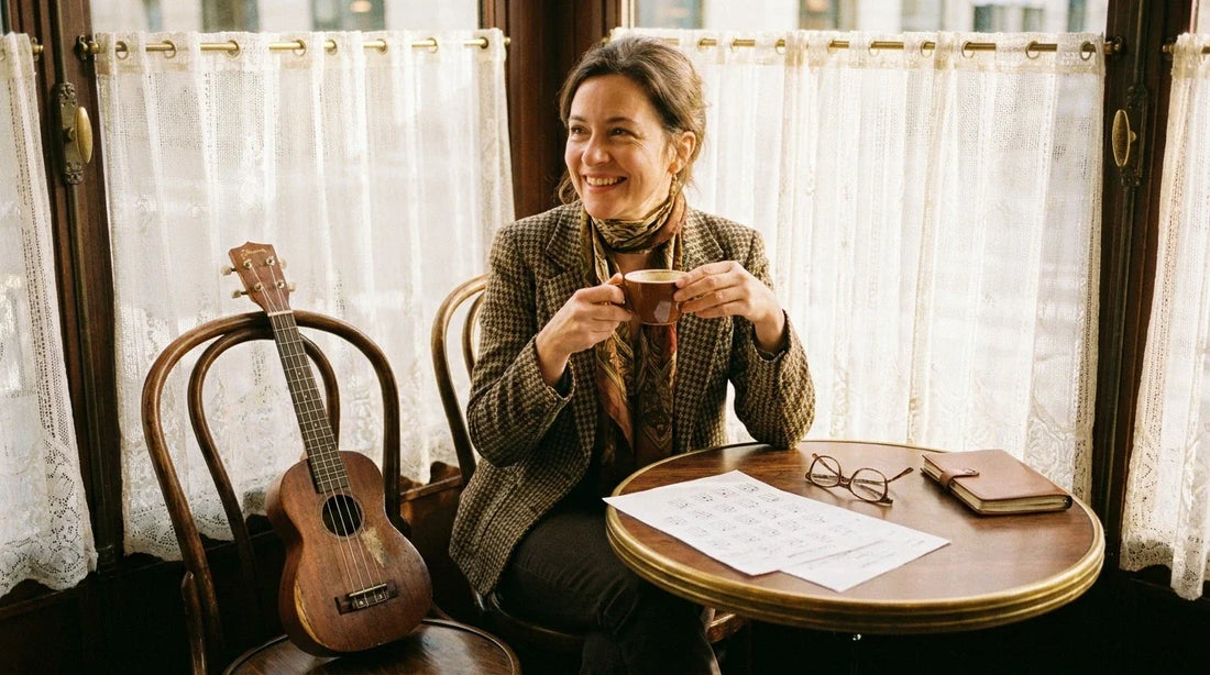 Femme adulte épanouie jouant du ukulélé soprano dans un café parisien, instrument naturellement intégré à sa vie quotidienne
