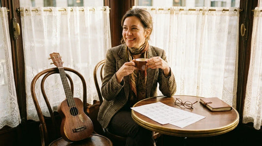 Femme adulte épanouie jouant du ukulélé soprano dans un café parisien, instrument naturellement intégré à sa vie quotidienne