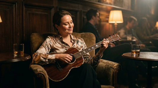 Ukulélé baryton posé sur un canapé vintage en velours bordeaux, lumière d'ambiance chaude, ambiance soirée intime