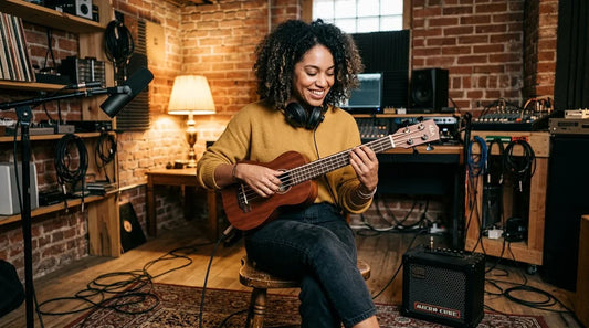 Ukulélé basse U-Bass posé contre un ampli de basse vintage, lumière d'ambiance chaude