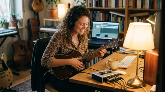 Ukulélé électro-acoustique ténor avec système de capteur visible, posé contre un ampli combo dans un studio home recording