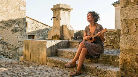 Femme adulte jouant du ukulélé soprano avec aisance et sourire, premiers accords maîtrisés, lumière naturelle