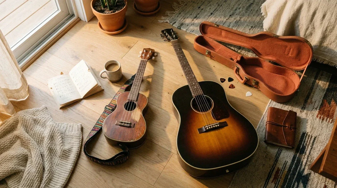 Ukulélé soprano posé à côté d'une guitare acoustique, contraste de taille, lumière chaude naturelle