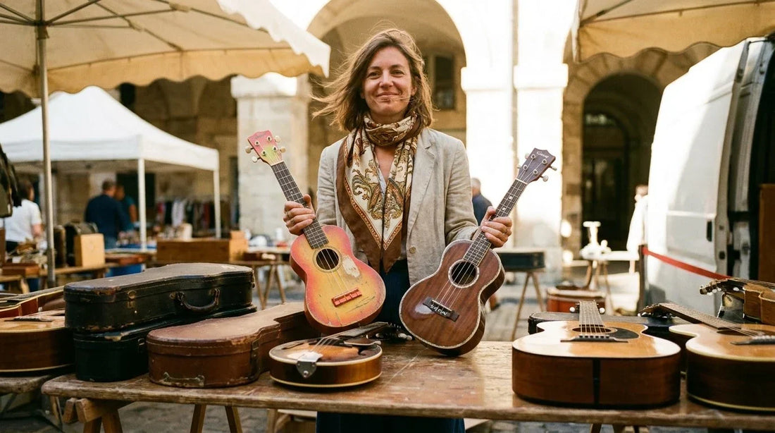 Femme tenant un ukulélé soprano dans une boutique de musique, étiquette de prix visible, regard décidé