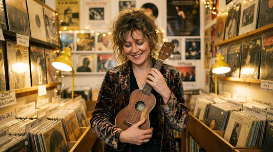 femme souriante portant un ukulélé soprano dans un magasin de musique